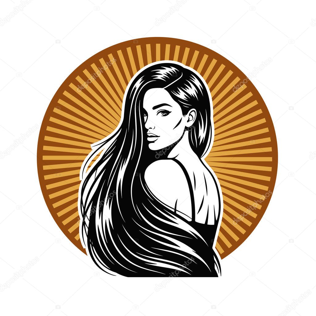 Elegant Woman with Long Flowing Hair, black and white vector illustration