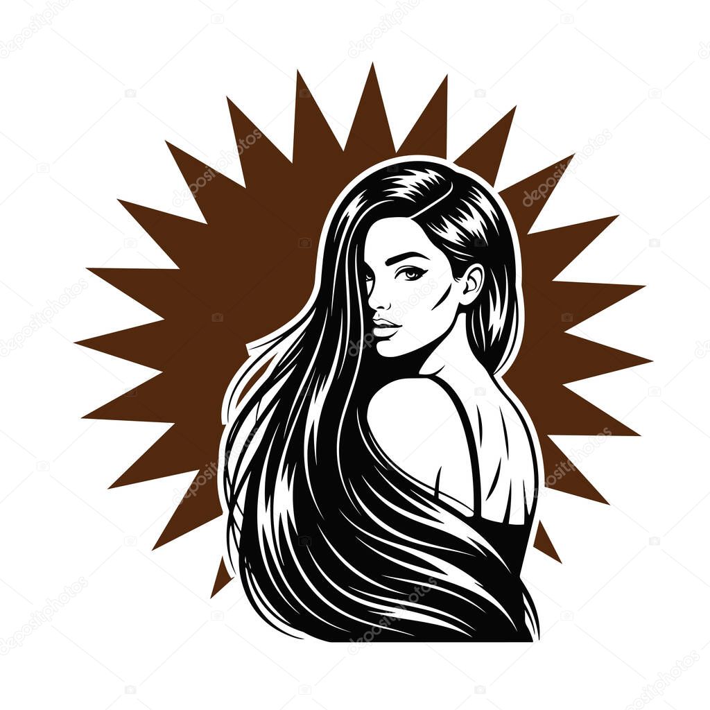 Elegant Woman with Long Flowing Hair, black and white vector illustration