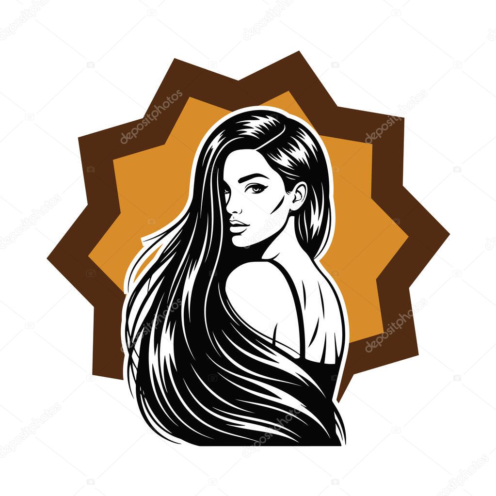 Elegant Woman with Long Flowing Hair, black and white vector illustration