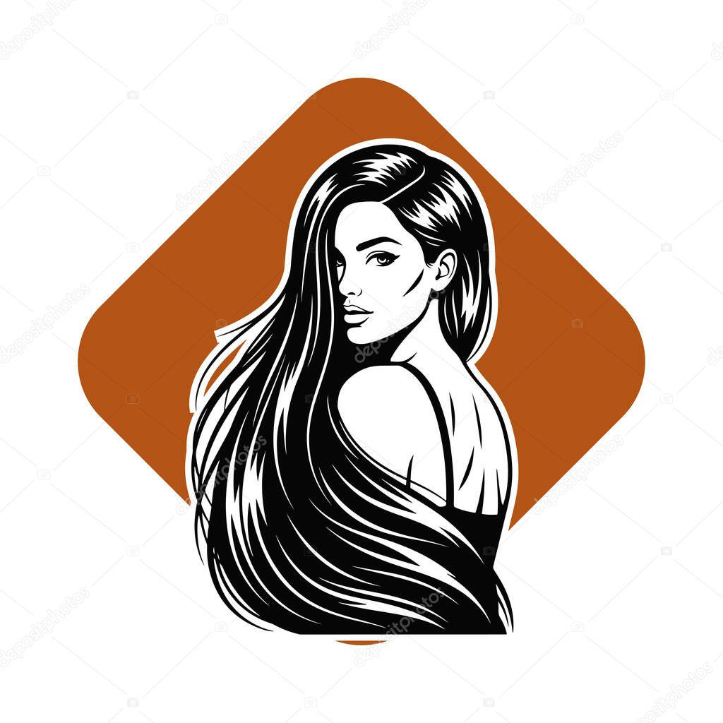 Elegant Woman with Long Flowing Hair, black and white vector illustration