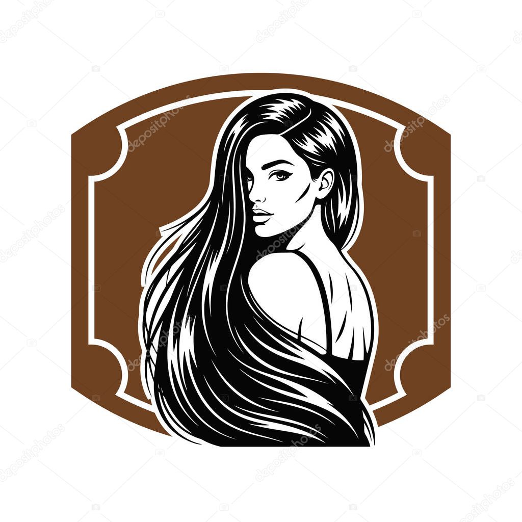 Elegant Woman with Long Flowing Hair, black and white vector illustration
