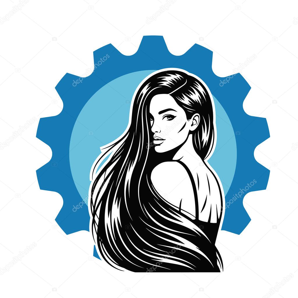 Elegant Woman with Long Flowing Hair, black and white vector illustration