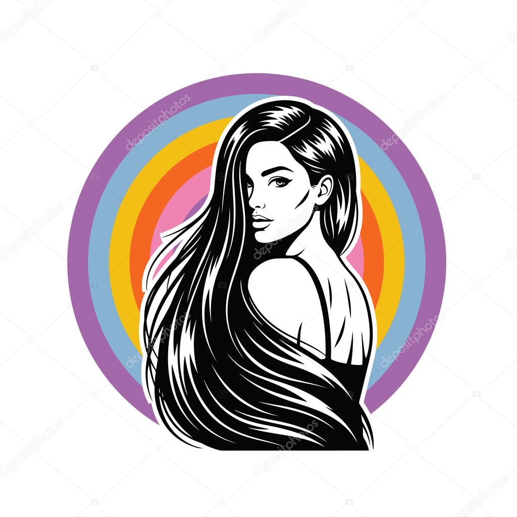 Elegant Woman with Long Flowing Hair, black and white vector illustration
