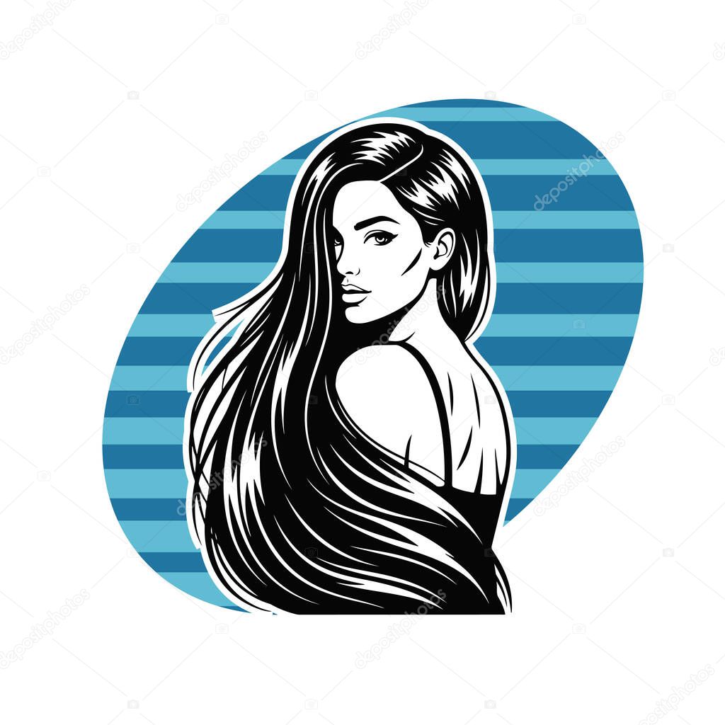 Elegant Woman with Long Flowing Hair, black and white vector illustration