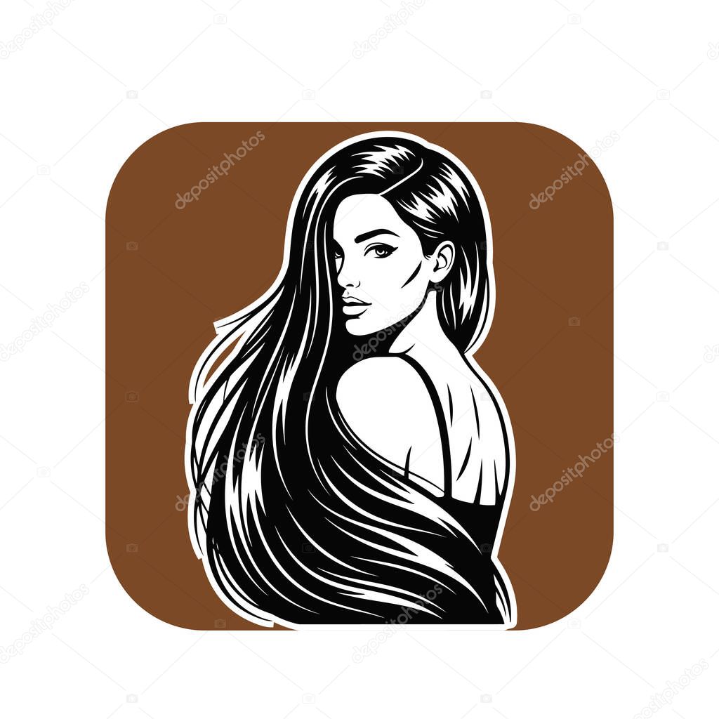 Elegant Woman with Long Flowing Hair, black and white vector illustration
