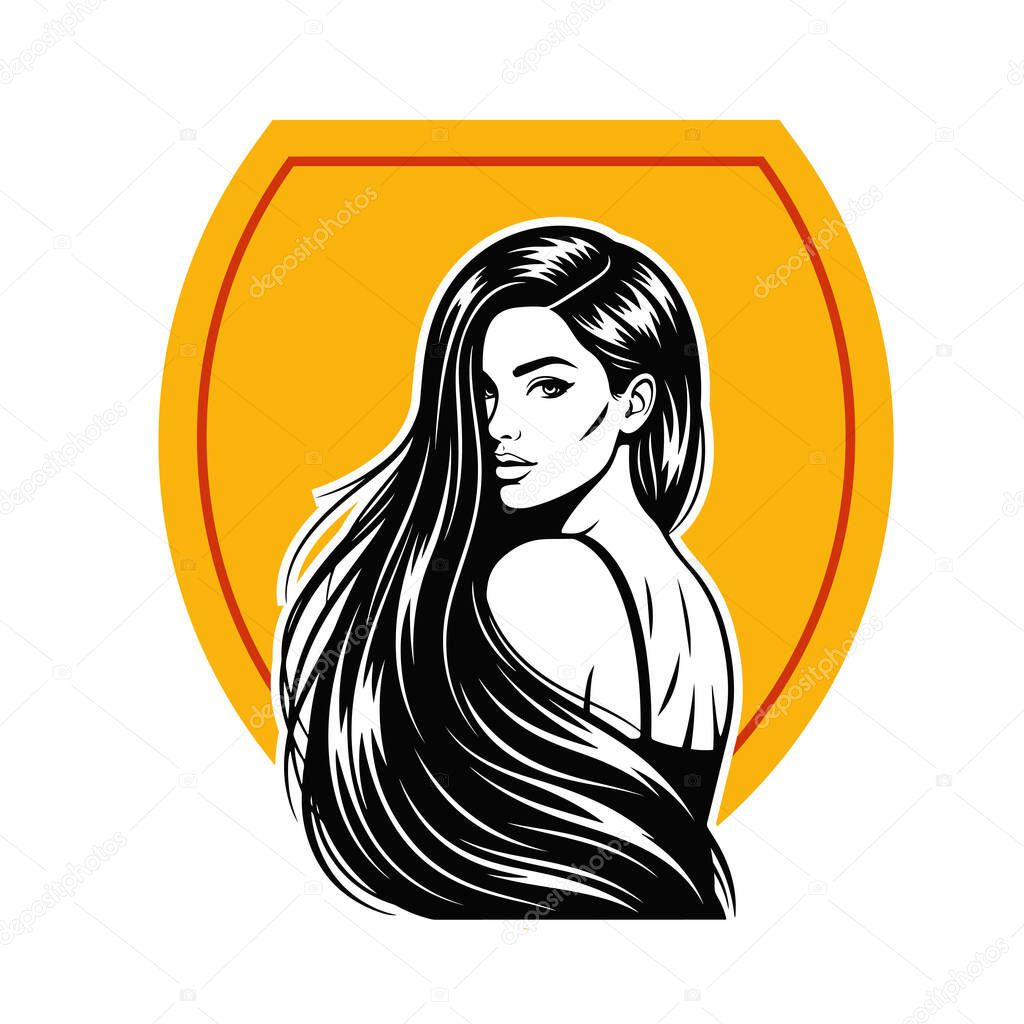 Elegant Woman with Long Flowing Hair, black and white vector illustration