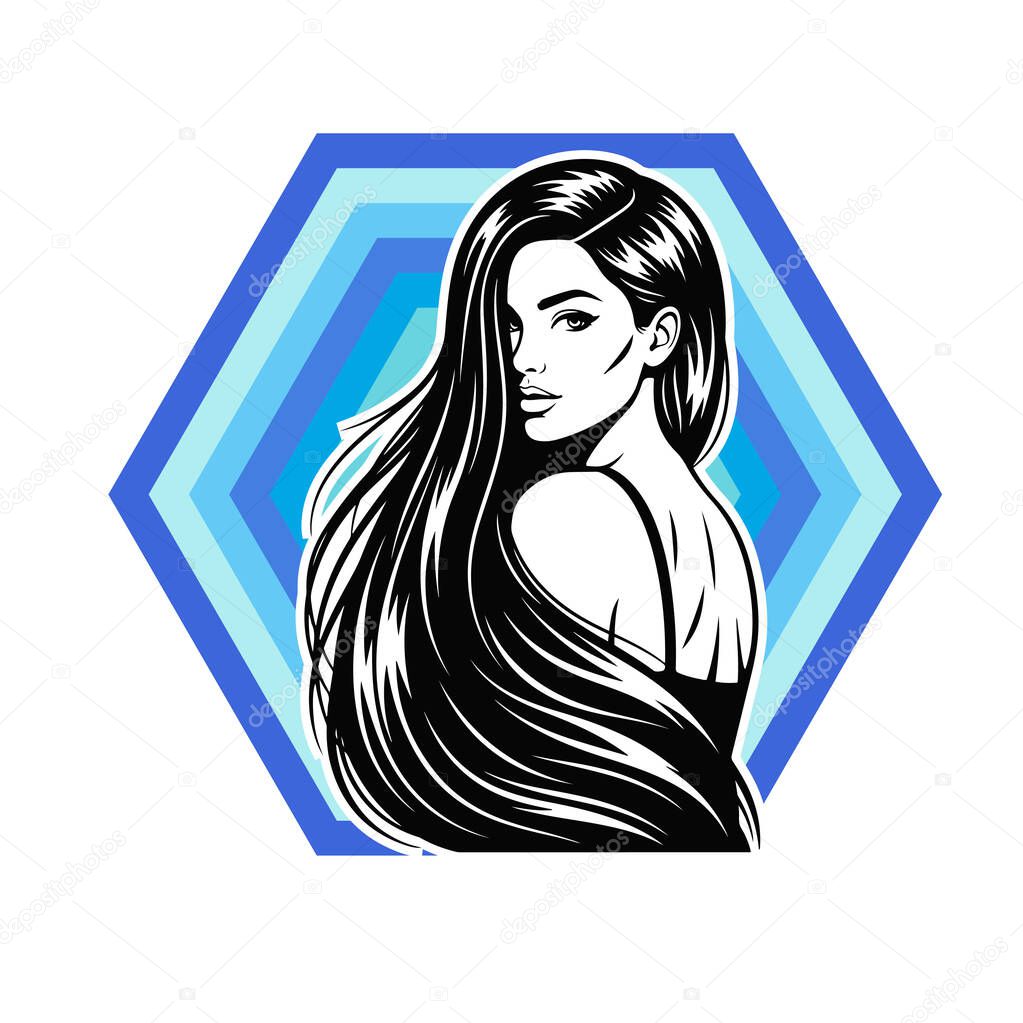 Elegant Woman with Long Flowing Hair, black and white vector illustration