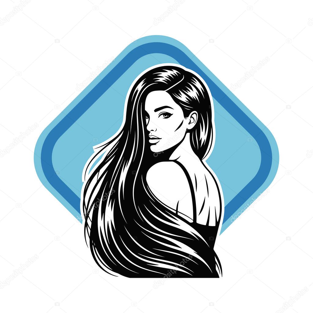 Elegant Woman with Long Flowing Hair, black and white vector illustration