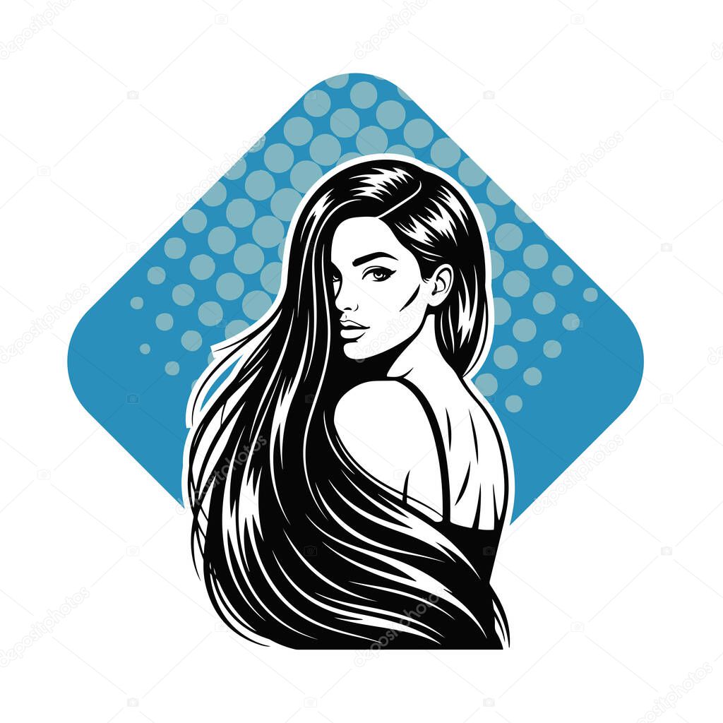 Elegant Woman with Long Flowing Hair, black and white vector illustration