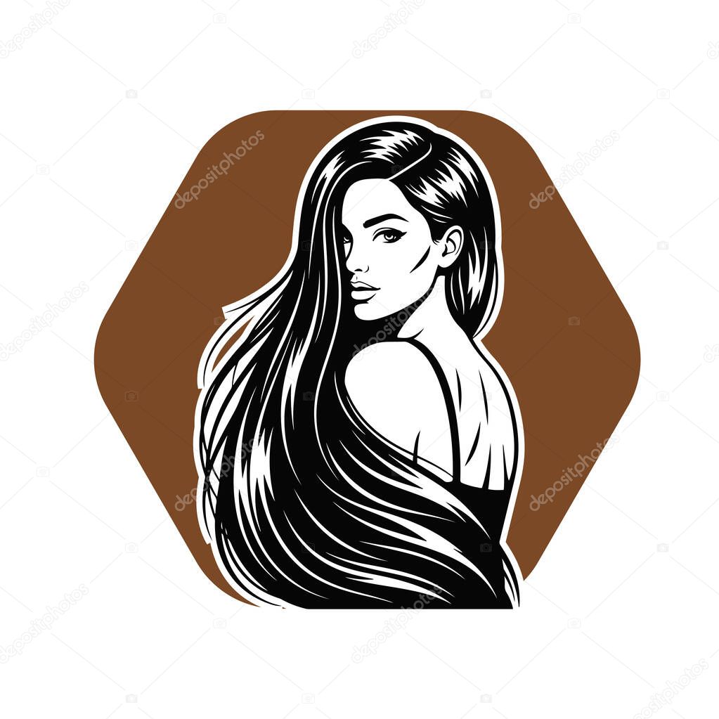 Elegant Woman with Long Flowing Hair, black and white vector illustration