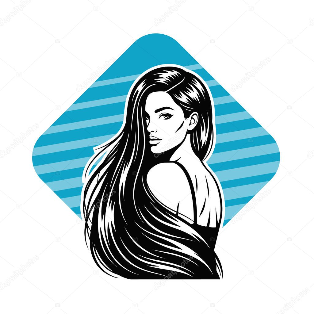 Elegant Woman with Long Flowing Hair, black and white vector illustration