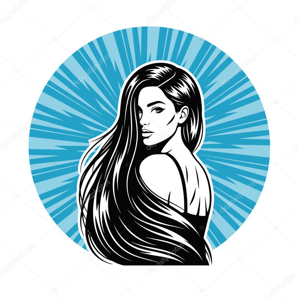 Elegant Woman with Long Flowing Hair, black and white vector illustration
