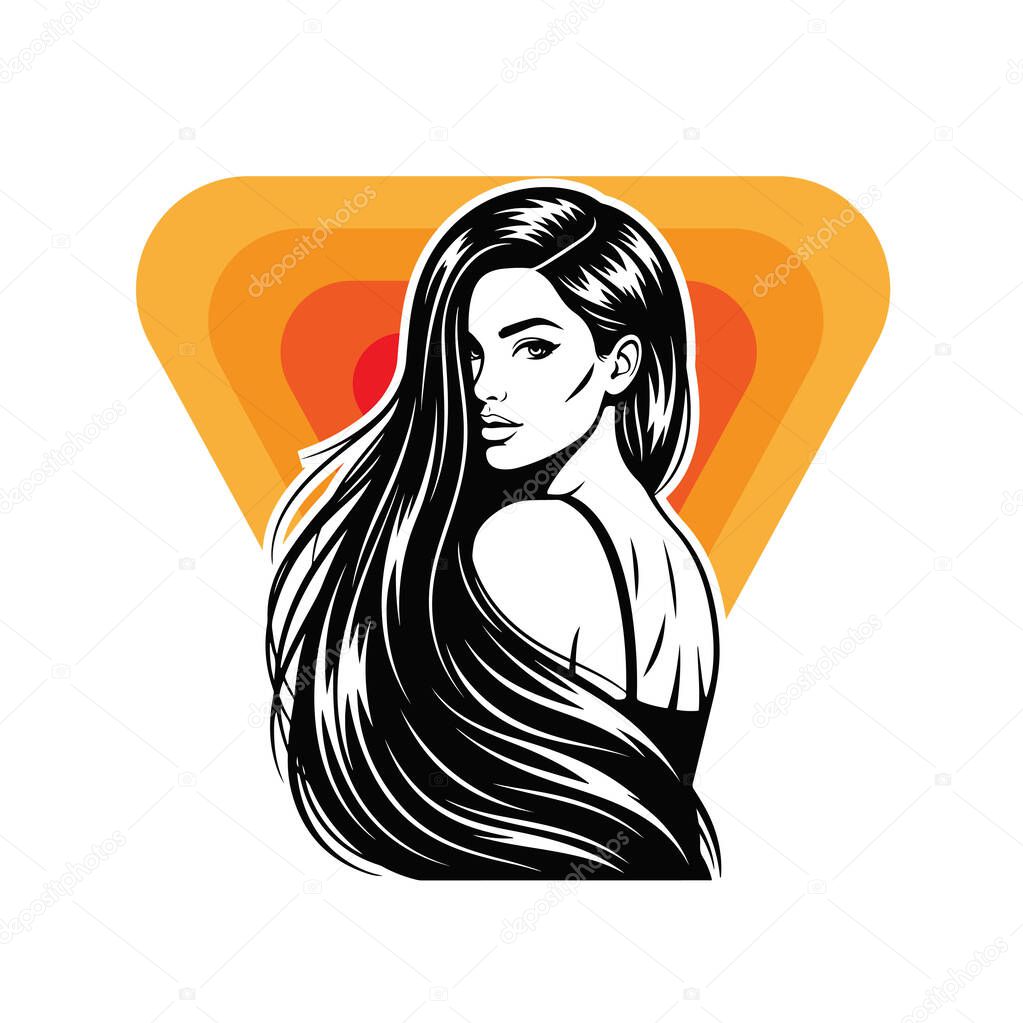 Elegant Woman with Long Flowing Hair, black and white vector illustration
