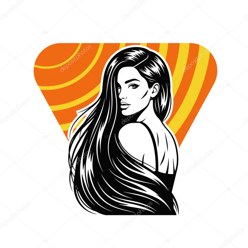 Elegant Woman with Long Flowing Hair, black and white vector illustration