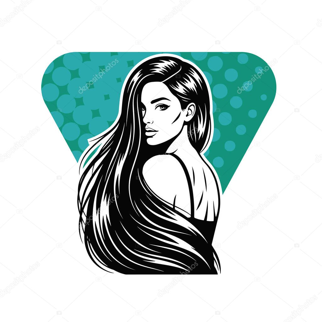 Elegant Woman with Long Flowing Hair, black and white vector illustration