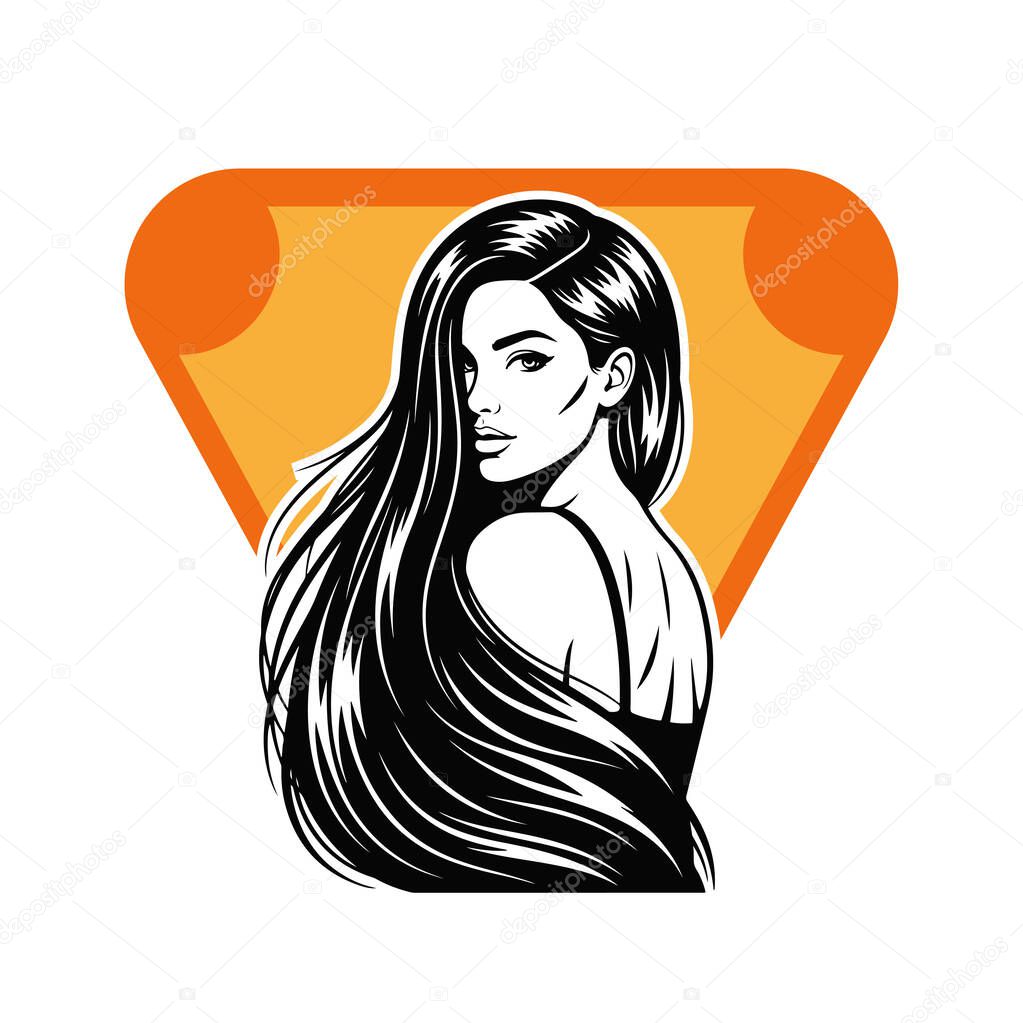 Elegant Woman with Long Flowing Hair, black and white vector illustration