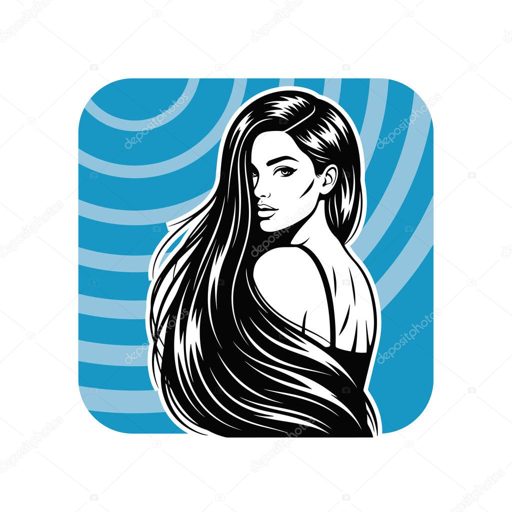 Elegant Woman with Long Flowing Hair, black and white vector illustration