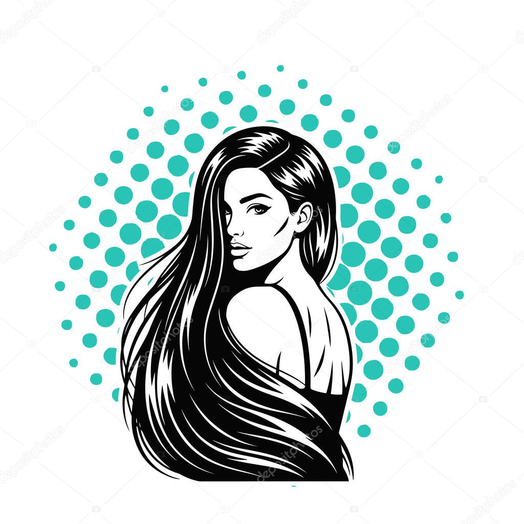Elegant Woman with Long Flowing Hair, black and white vector illustration