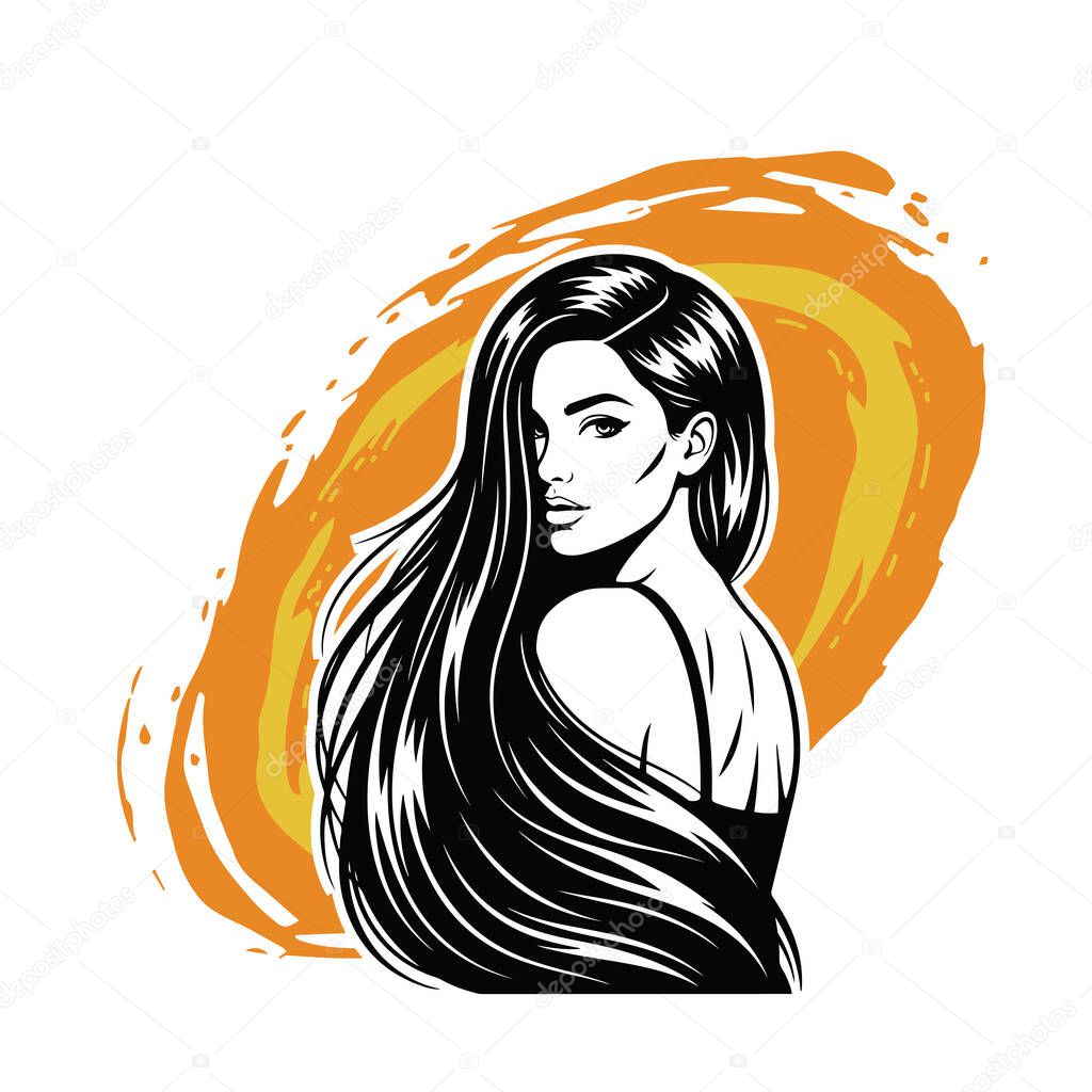 Elegant Woman with Long Flowing Hair, black and white vector illustration