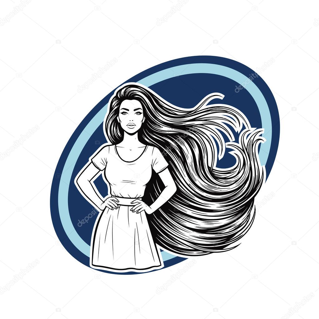 Elegant Woman with Extra Long Flowing Hair, black and white vector illustration