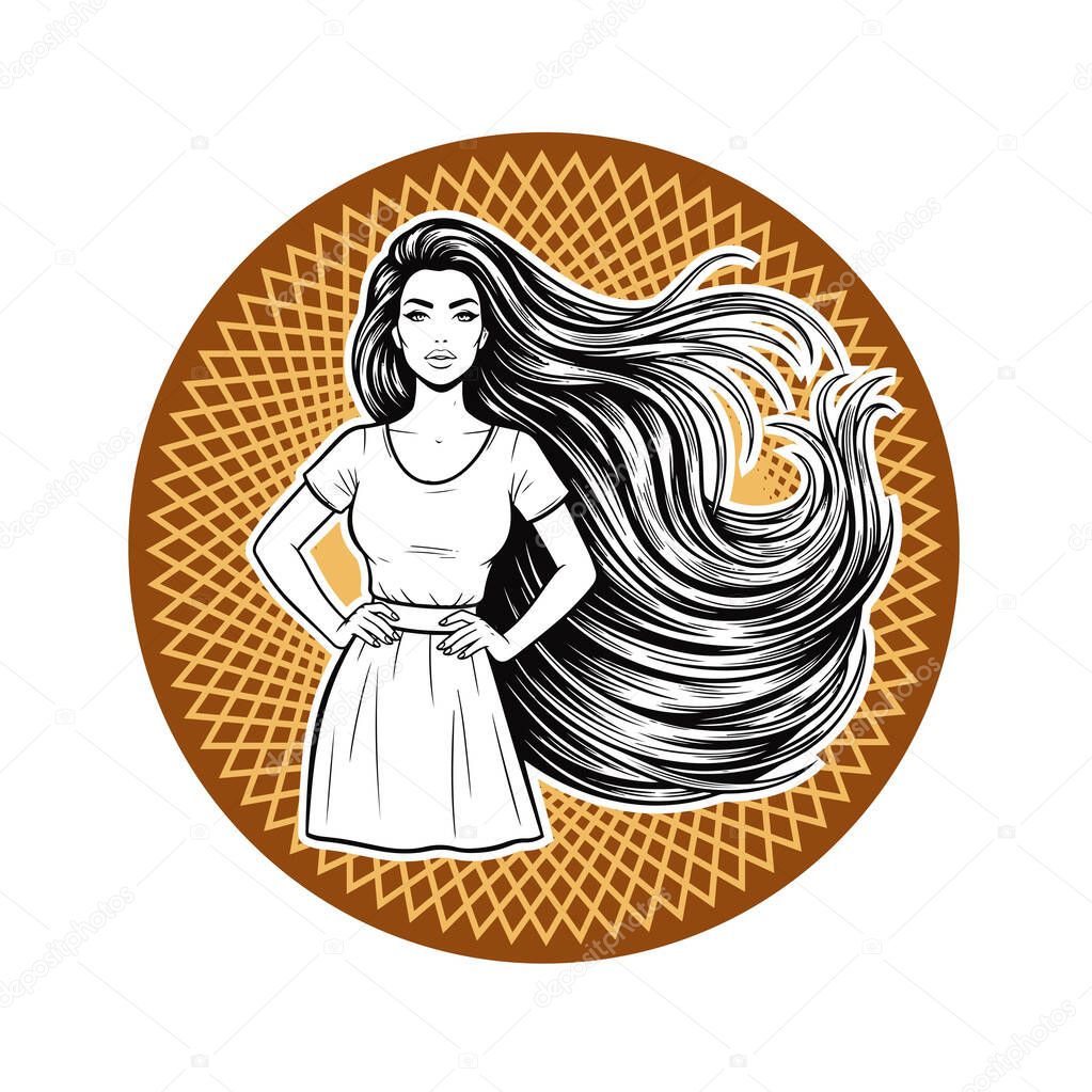 Elegant Woman with Extra Long Flowing Hair, black and white vector illustration