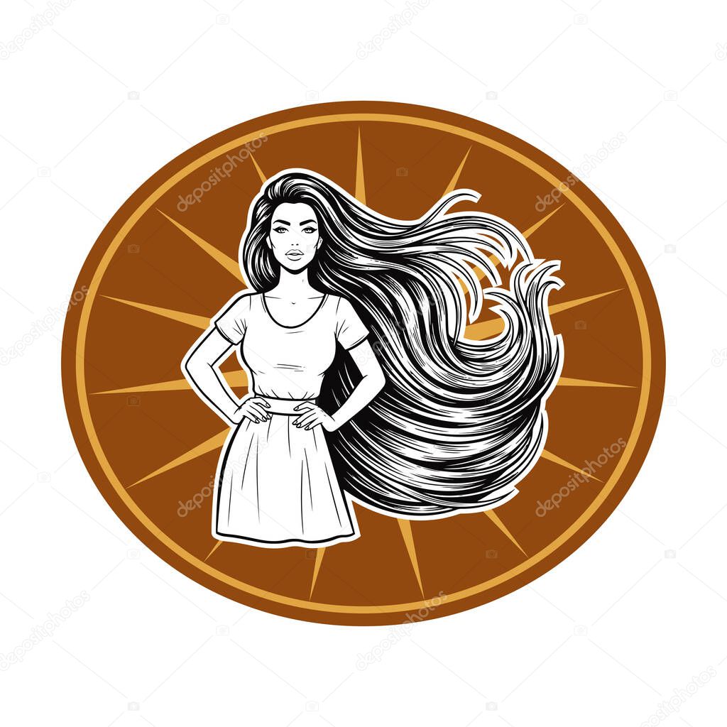 Elegant Woman with Extra Long Flowing Hair, black and white vector illustration
