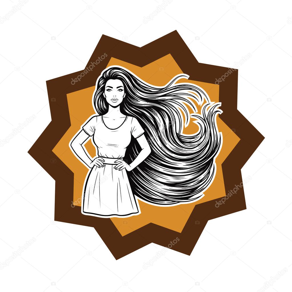 Elegant Woman with Extra Long Flowing Hair, black and white vector illustration