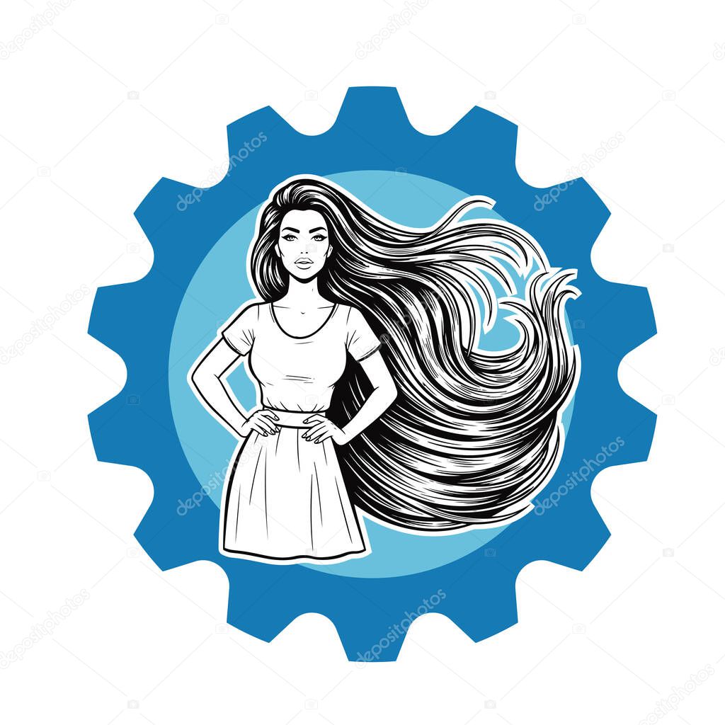 Elegant Woman with Extra Long Flowing Hair, black and white vector illustration