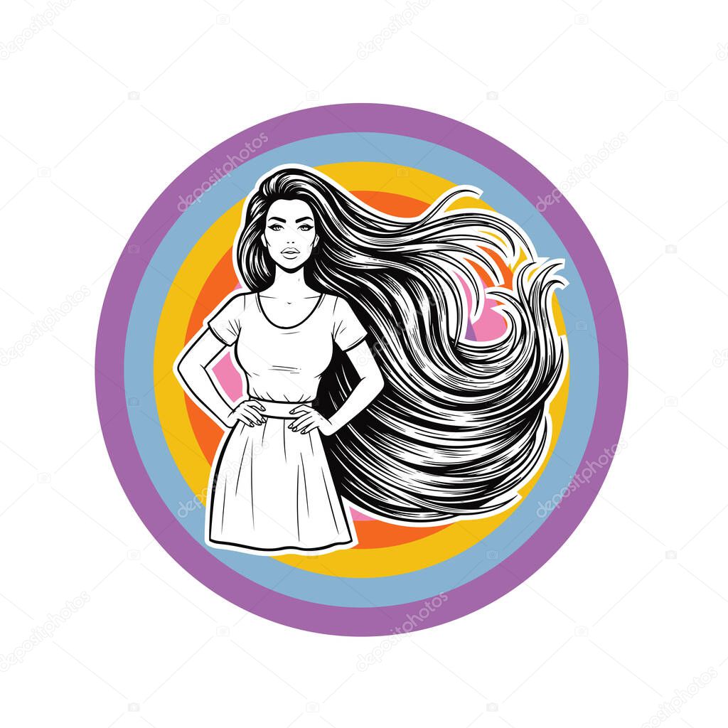 Elegant Woman with Extra Long Flowing Hair, black and white vector illustration
