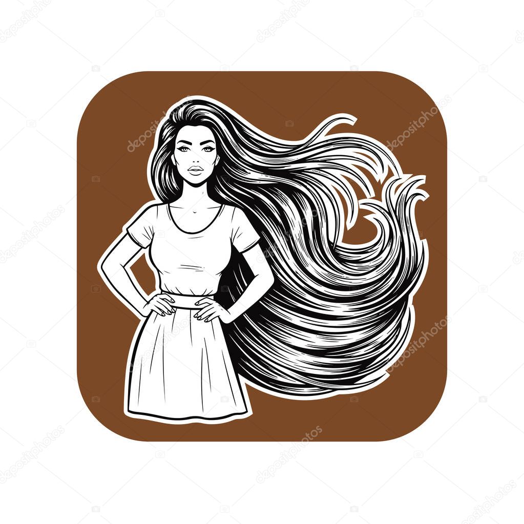 Elegant Woman with Extra Long Flowing Hair, black and white vector illustration