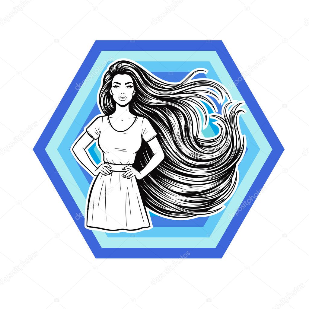 Elegant Woman with Extra Long Flowing Hair, black and white vector illustration