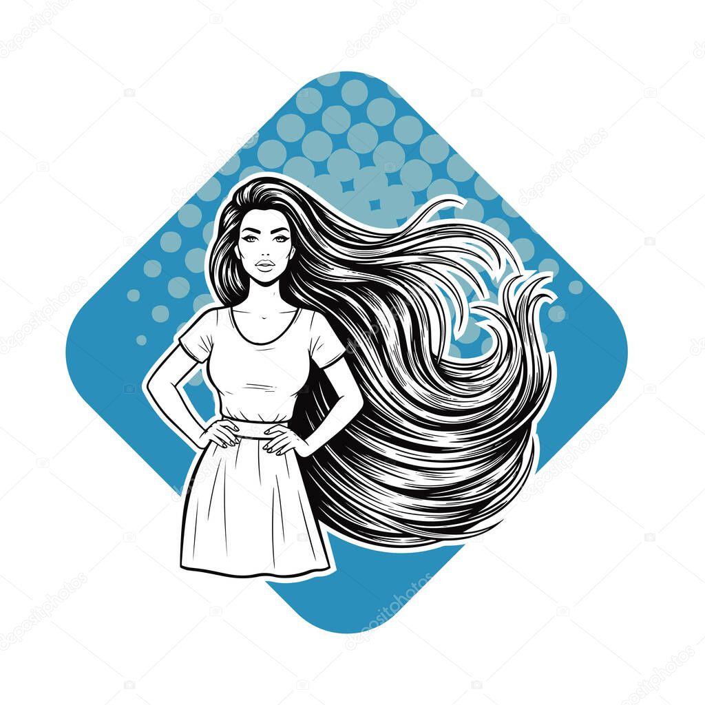 Elegant Woman with Extra Long Flowing Hair, black and white vector illustration
