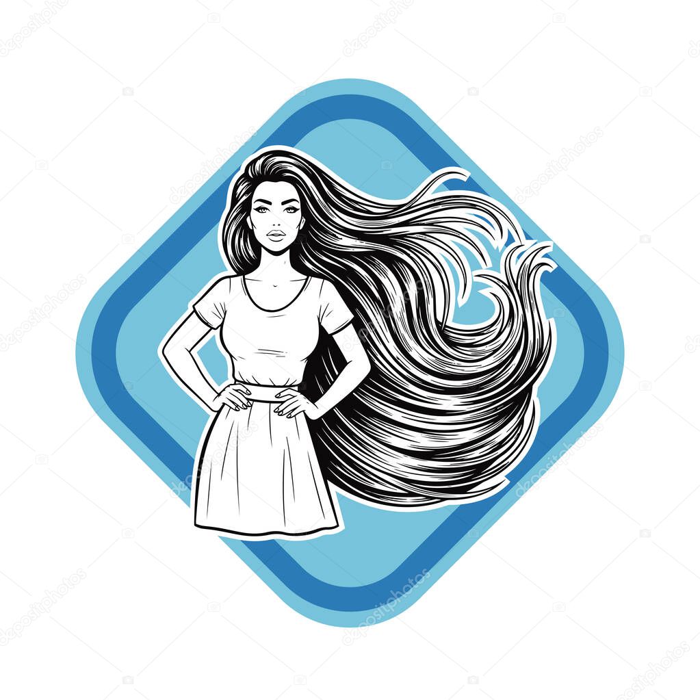 Elegant Woman with Extra Long Flowing Hair, black and white vector illustration