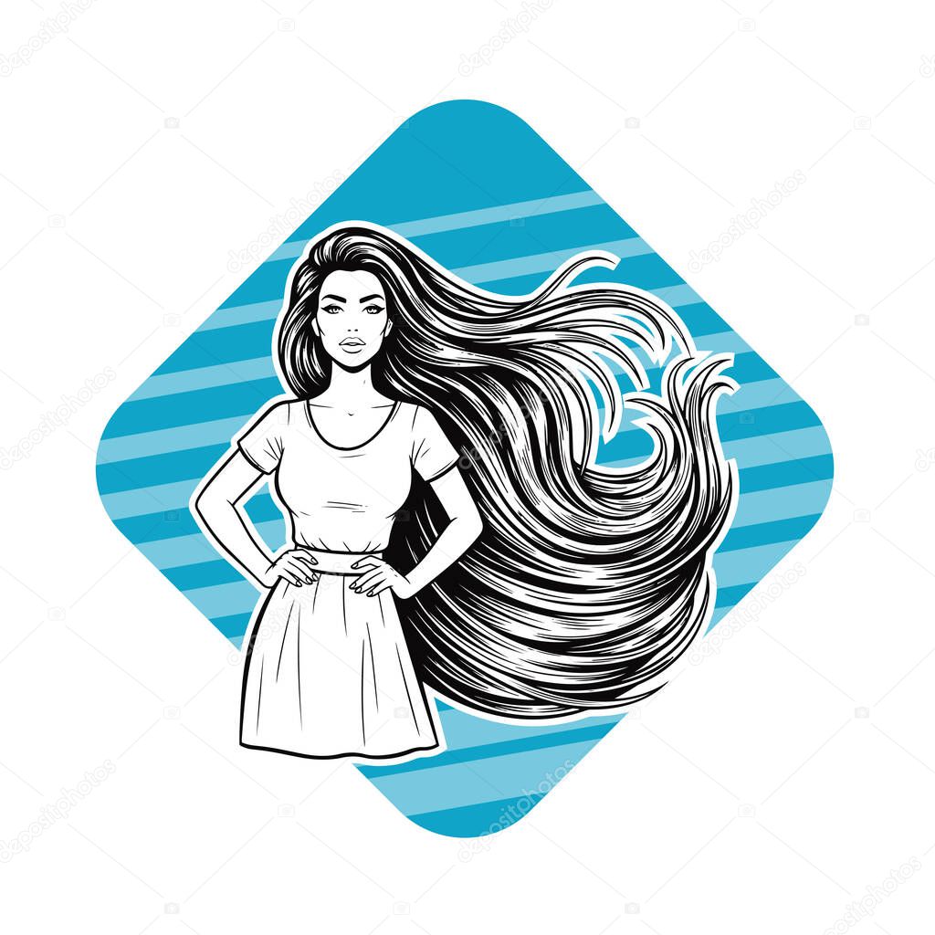 Elegant Woman with Extra Long Flowing Hair, black and white vector illustration