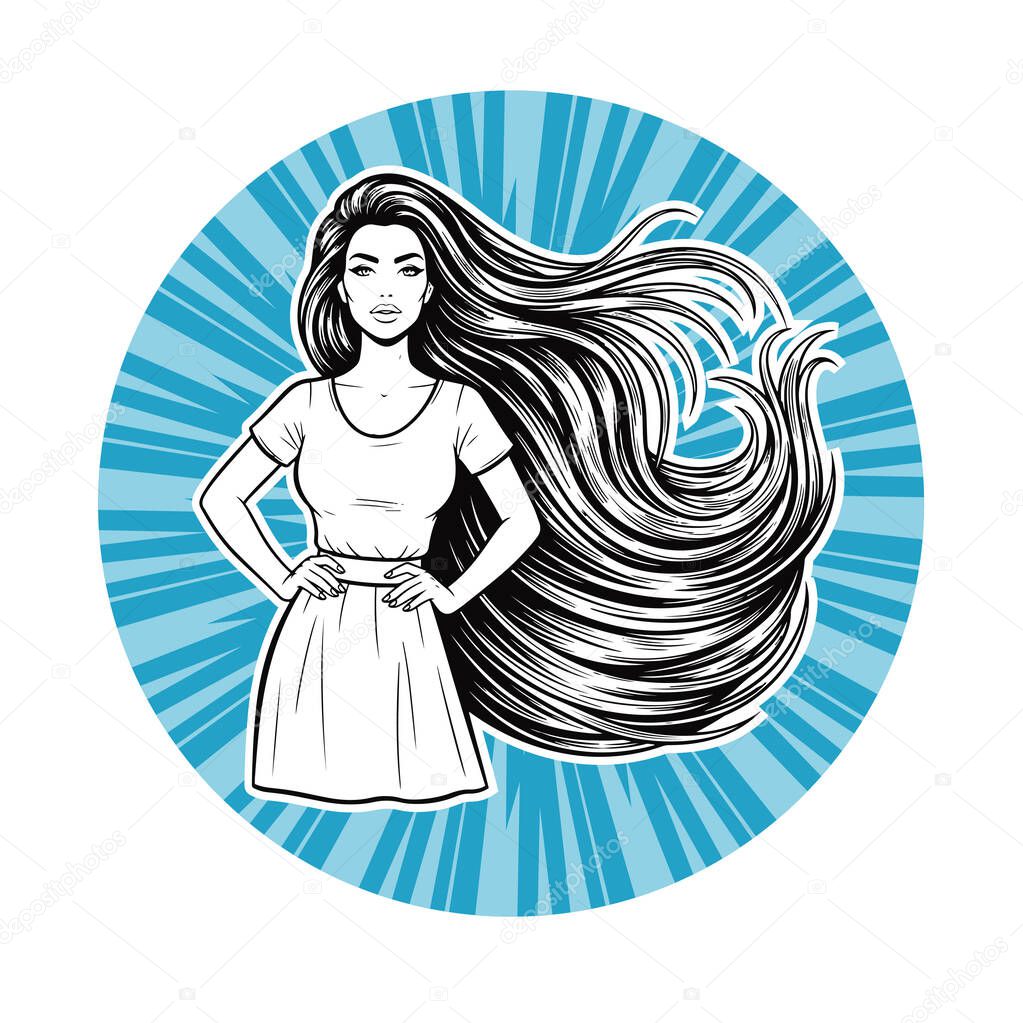 Elegant Woman with Extra Long Flowing Hair, black and white vector illustration