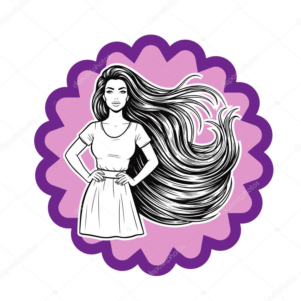 Elegant Woman with Extra Long Flowing Hair, black and white vector illustration