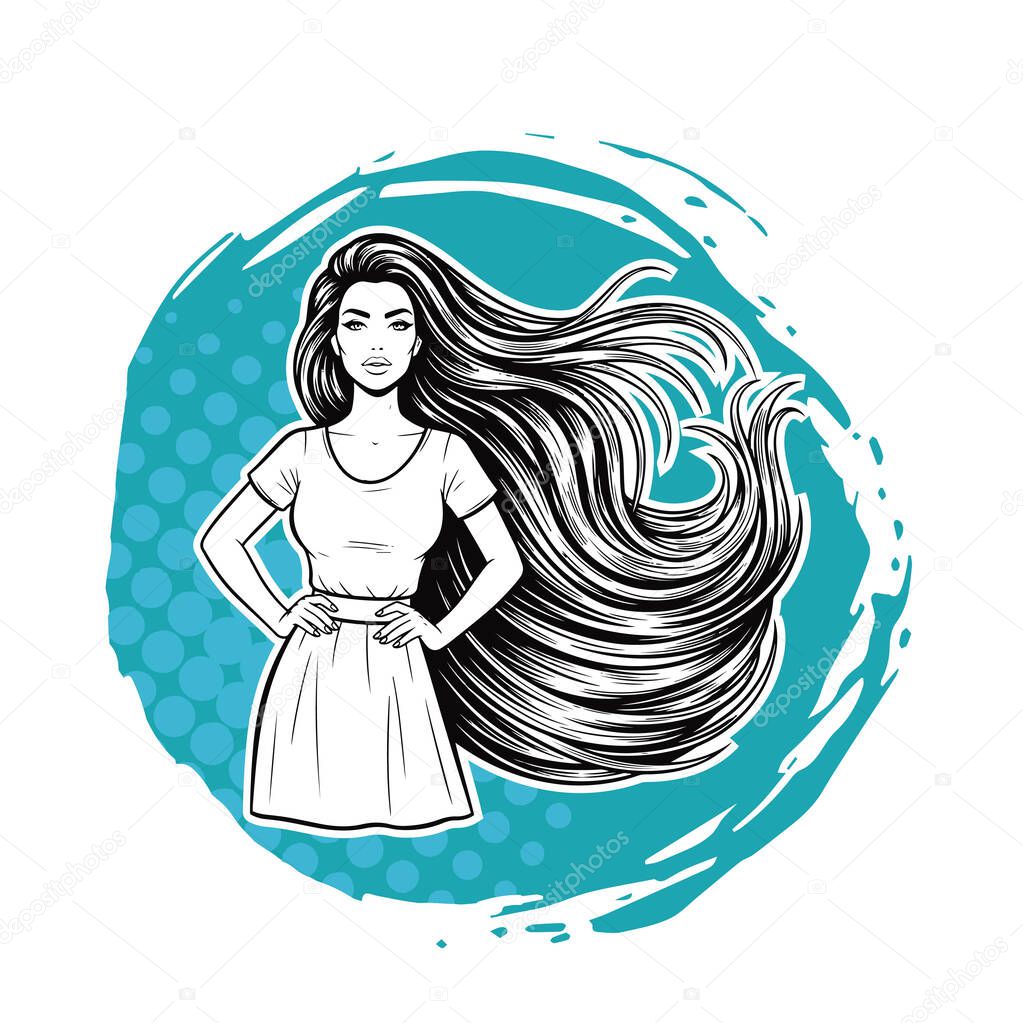 Elegant Woman with Extra Long Flowing Hair, black and white vector illustration