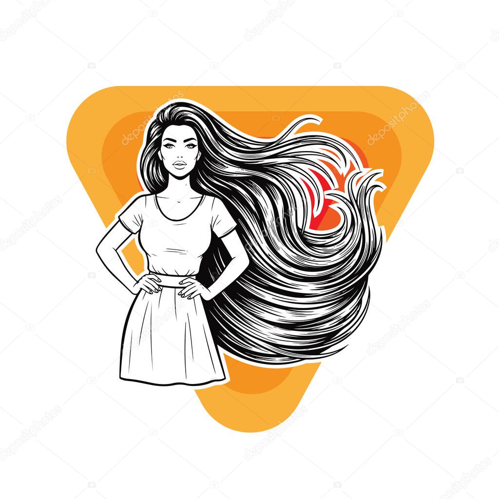 Elegant Woman with Extra Long Flowing Hair, black and white vector illustration