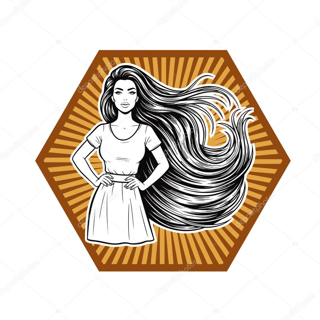 Elegant Woman with Extra Long Flowing Hair, black and white vector illustration