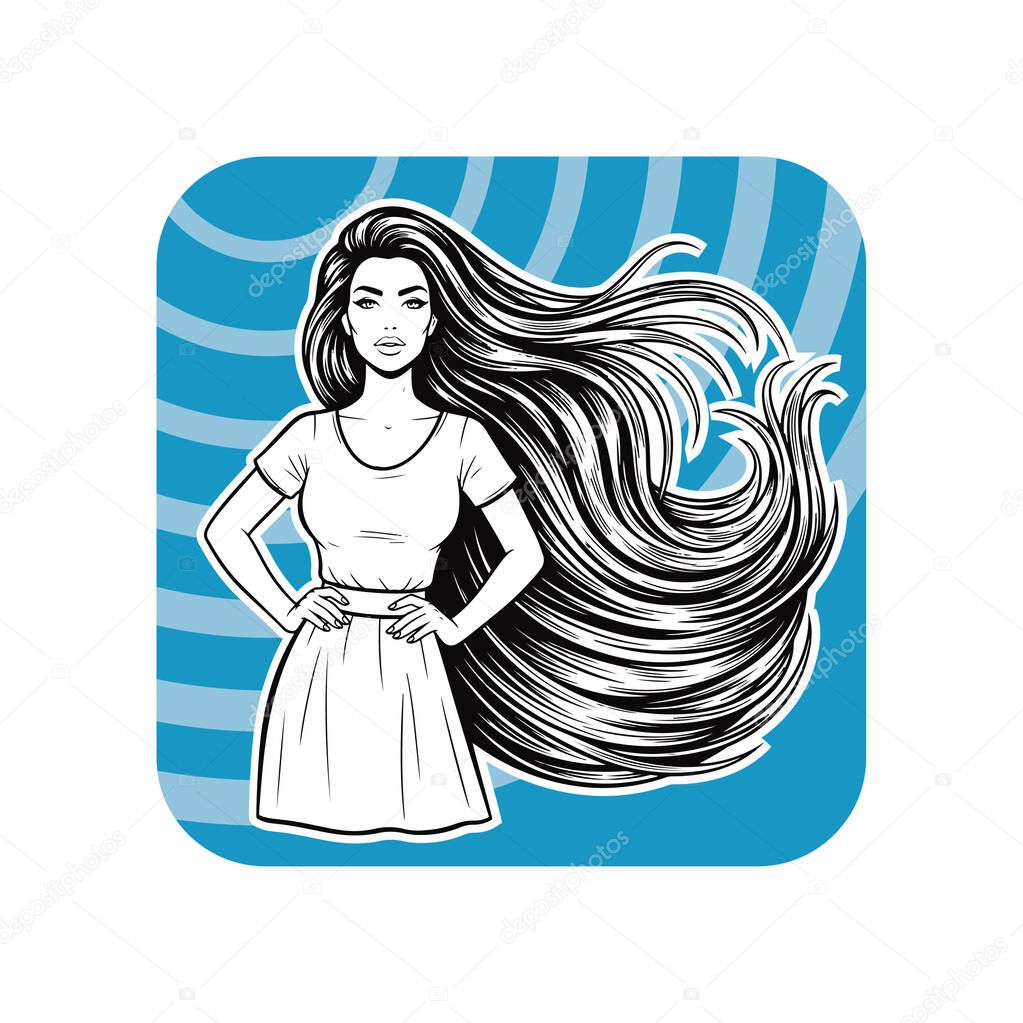 Elegant Woman with Extra Long Flowing Hair, black and white vector illustration