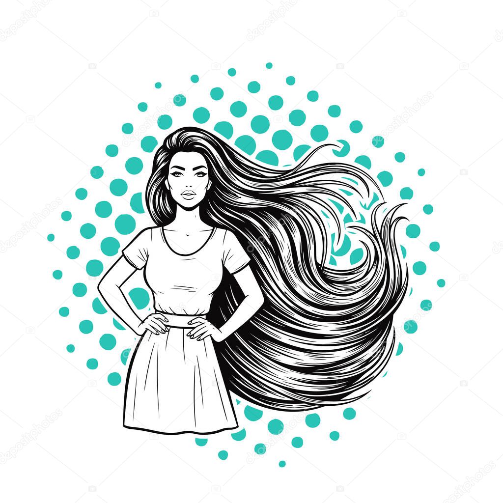 Elegant Woman with Extra Long Flowing Hair, black and white vector illustration