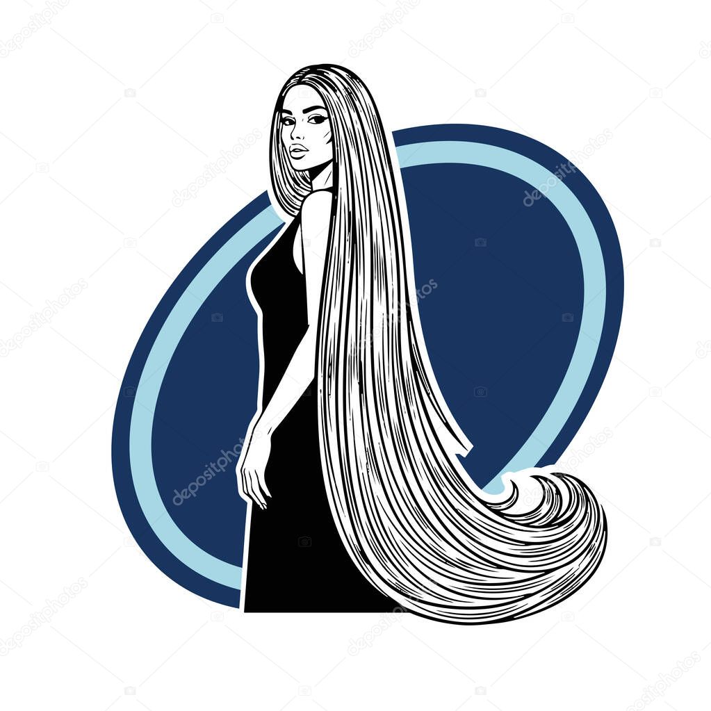 Elegant Woman with Extra Long Flowing Hair, black and white vector illustration