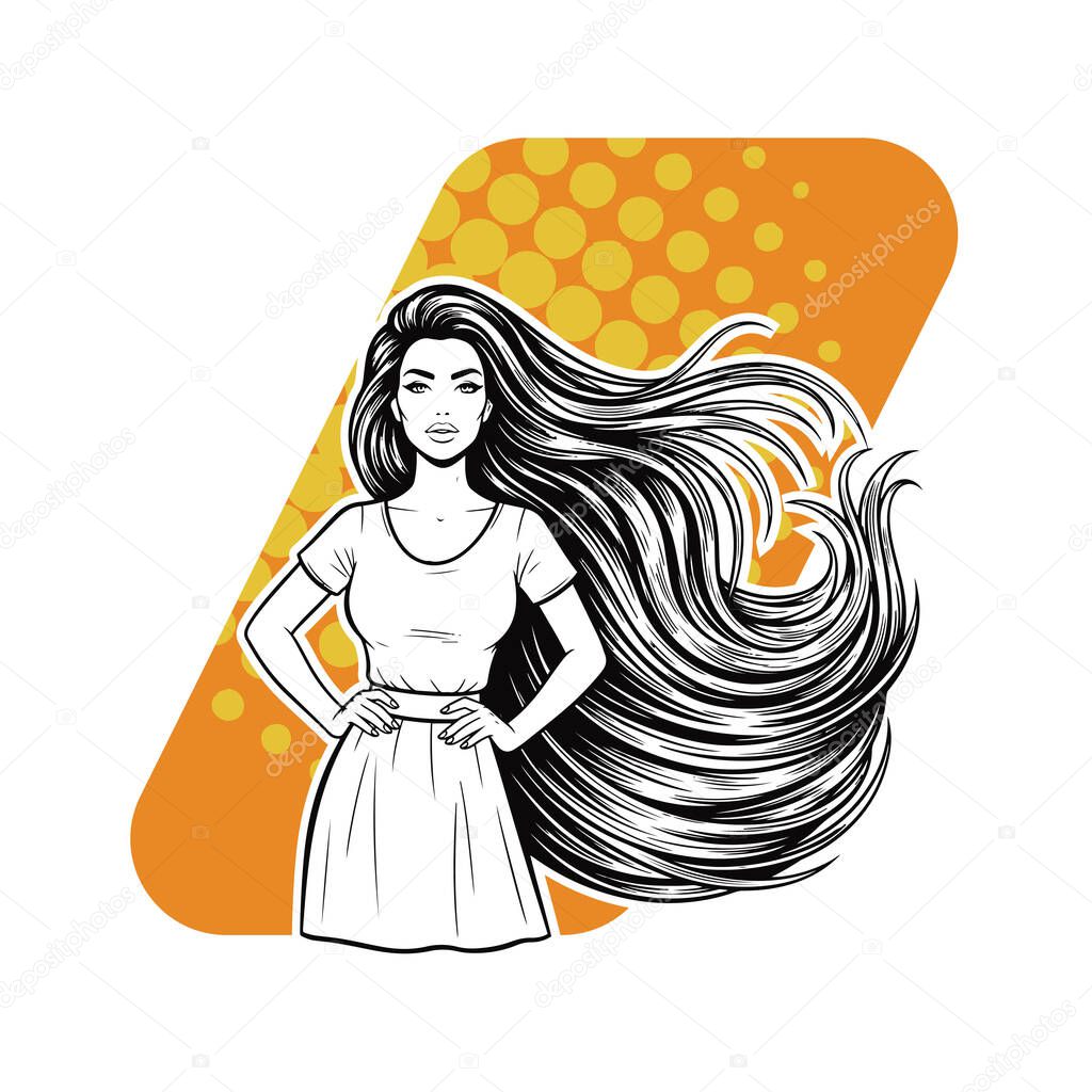 Elegant Woman with Extra Long Flowing Hair, black and white vector illustration