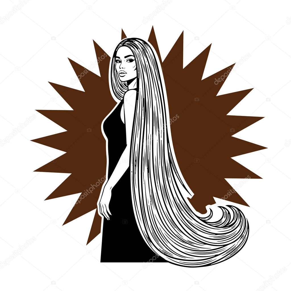 Elegant Woman with Extra Long Flowing Hair, black and white vector illustration