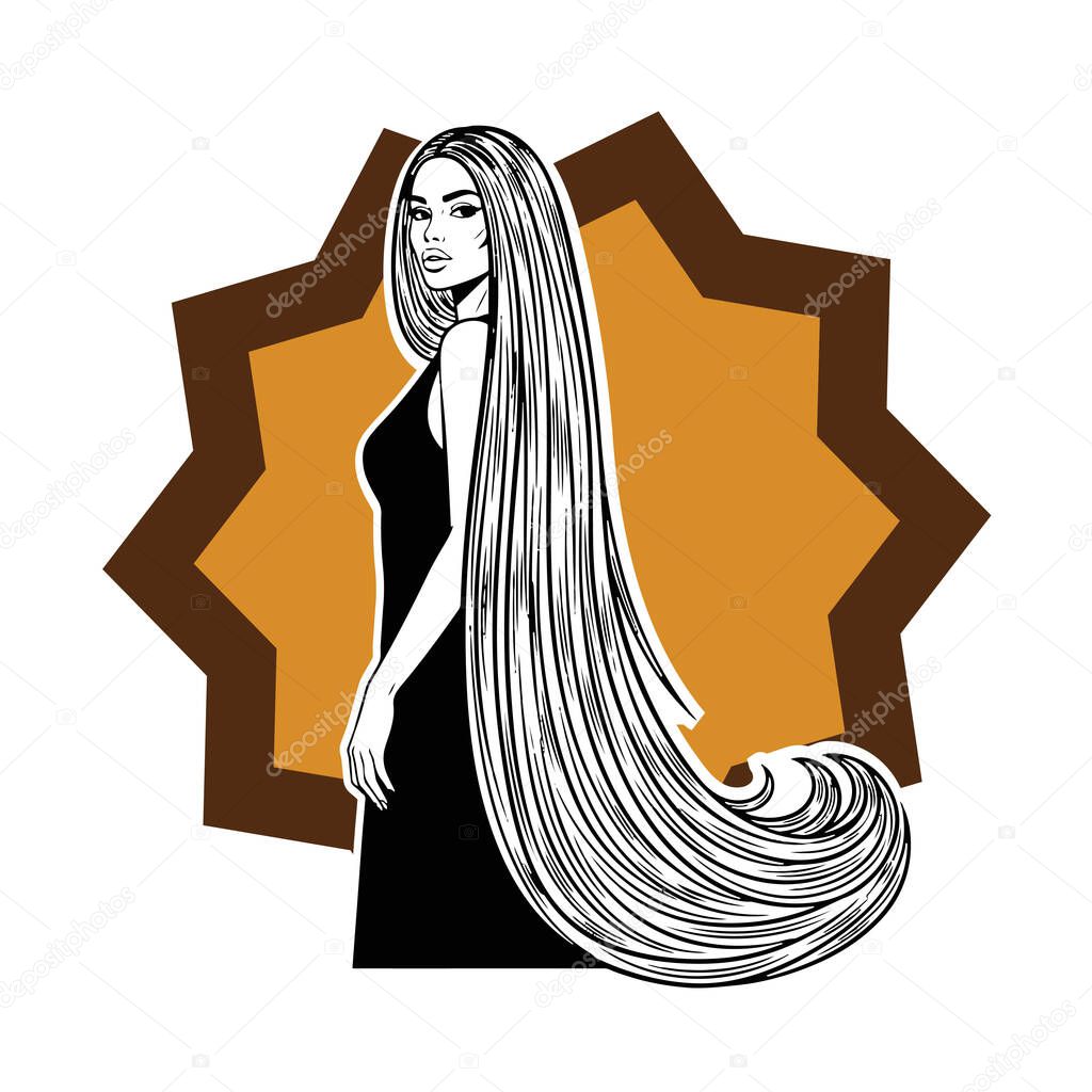 Elegant Woman with Extra Long Flowing Hair, black and white vector illustration