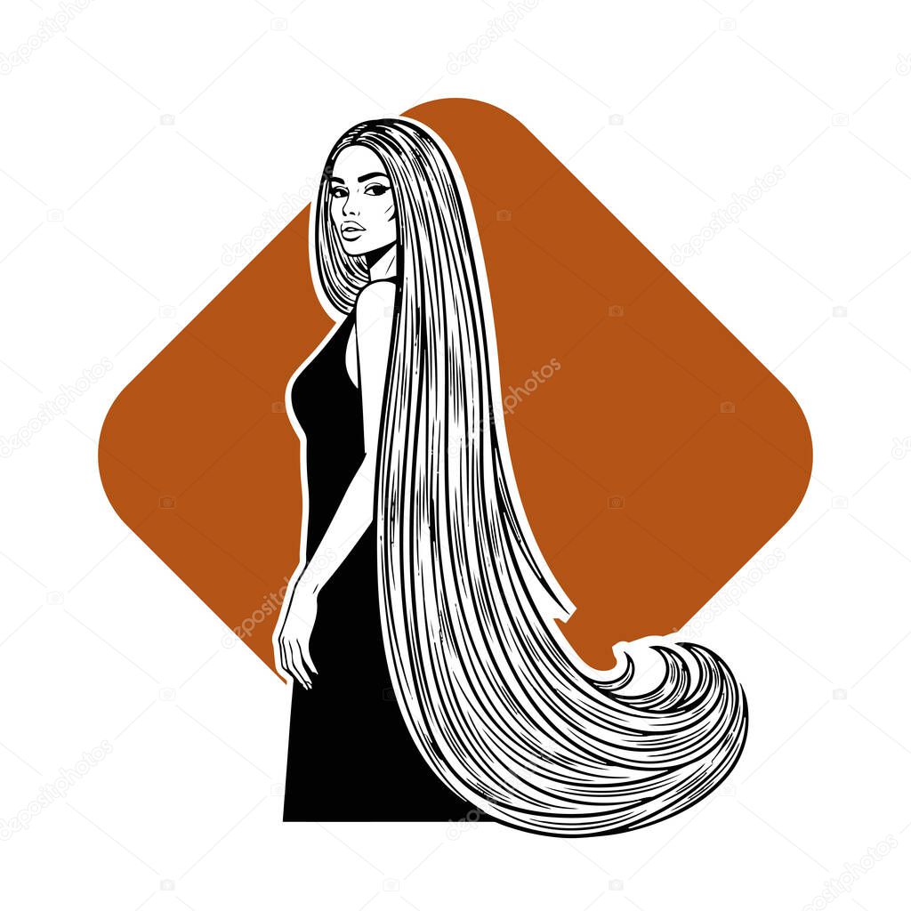 Elegant Woman with Extra Long Flowing Hair, black and white vector illustration