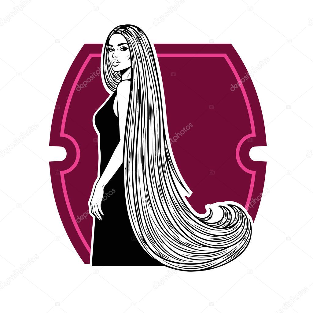 Elegant Woman with Extra Long Flowing Hair, black and white vector illustration