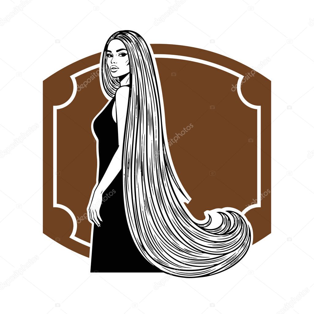 Elegant Woman with Extra Long Flowing Hair, black and white vector illustration