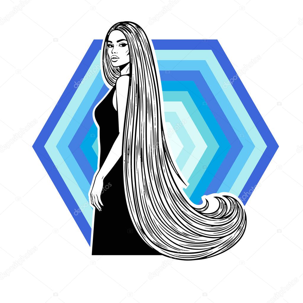 Elegant Woman with Extra Long Flowing Hair, black and white vector illustration