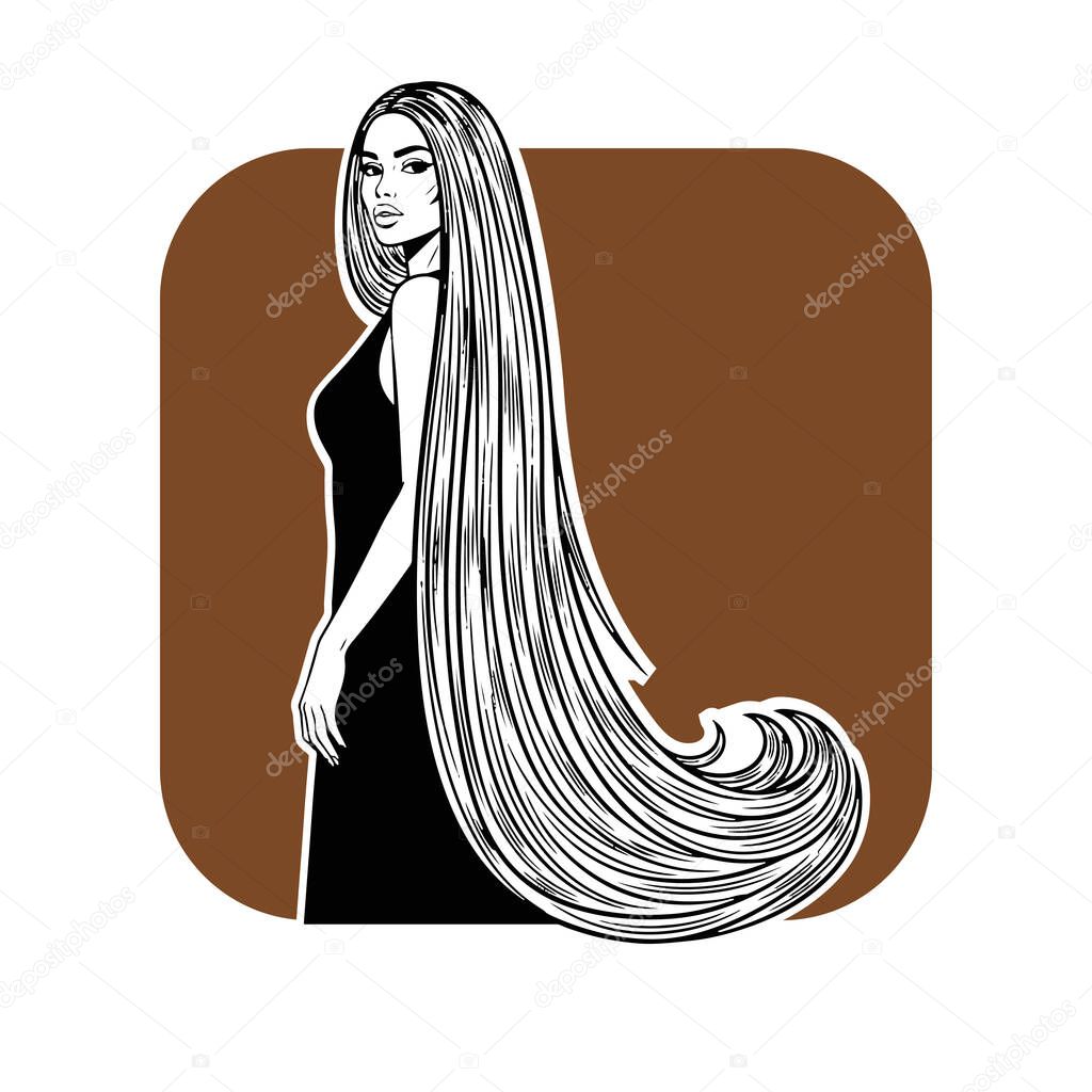 Elegant Woman with Extra Long Flowing Hair, black and white vector illustration